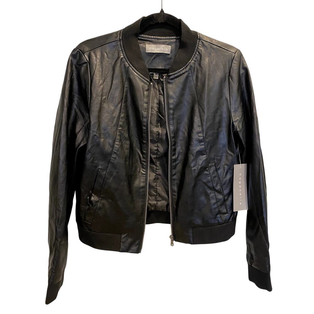 NWT Black Bagatelle Faux Leather Bomber Jacket with Lining Size Small